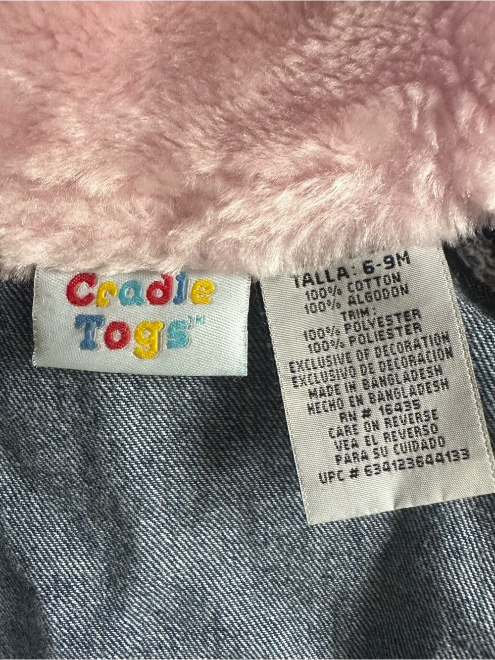Vintage Infant Girls Pink Faux Fur Collar Denim Jacket Jean Coat Cute Retro